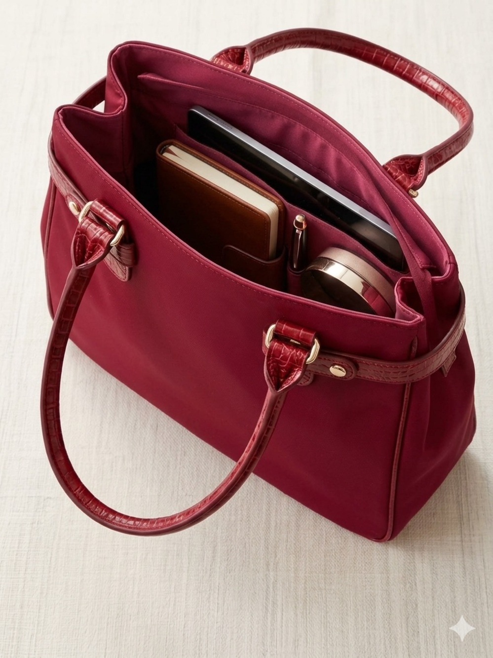 Elegant Chili Red Tote Bag Spacious Water Resistant Nylon Crocodile Trim